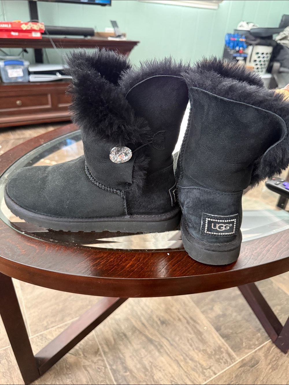 UGG Black Suede Shearling Button Short Boot